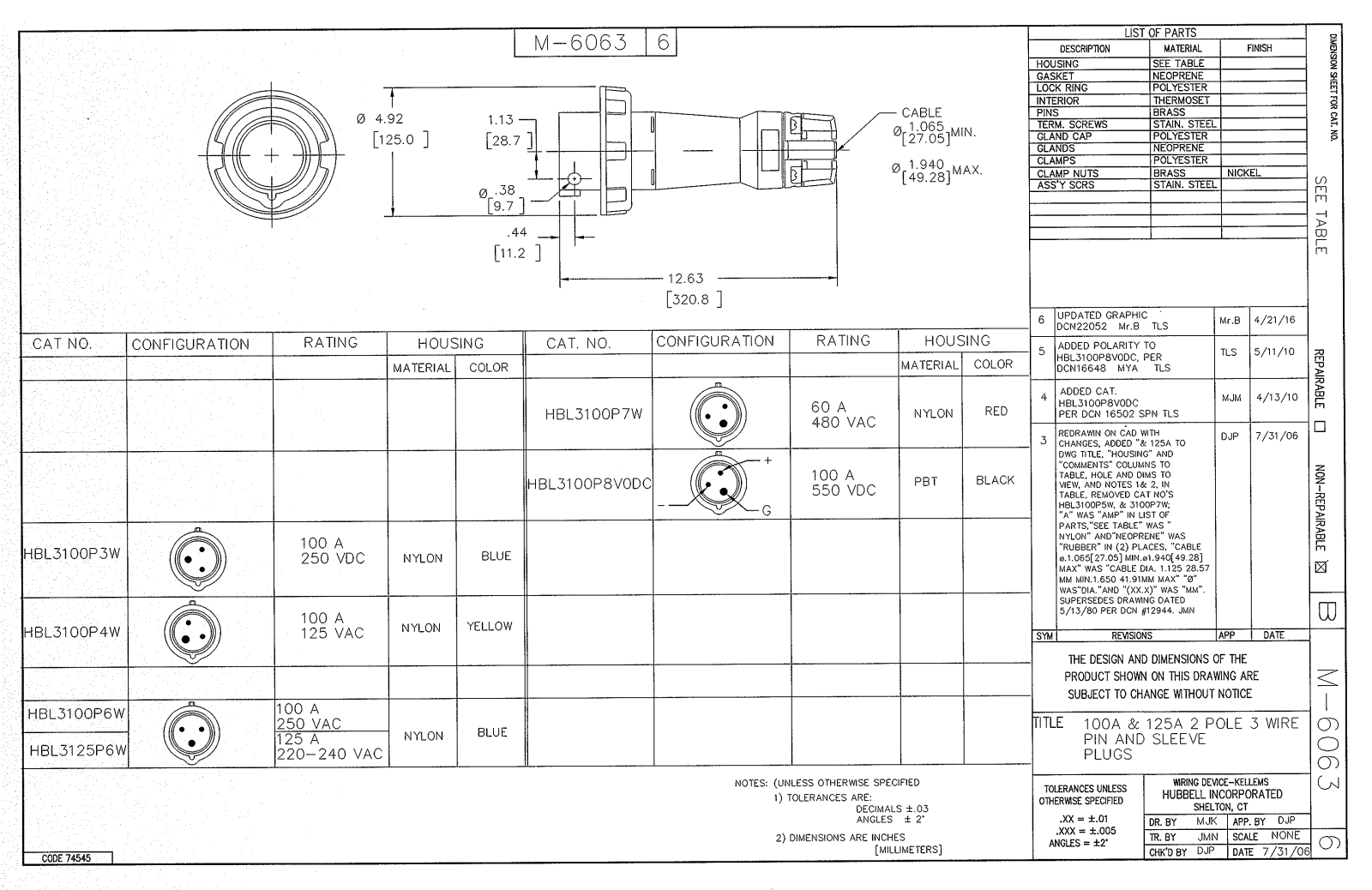 Hubbell HBL3100P6W Reference Drawing