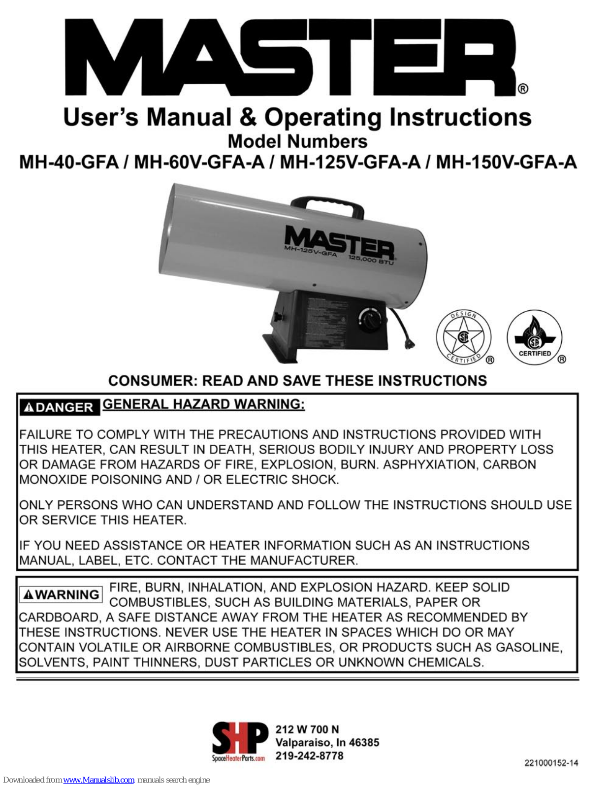 Master MH-60V-GFA-A, MH-40-GFA, MH-150V-GFA-A, MH-125V-GFA-A User Manual