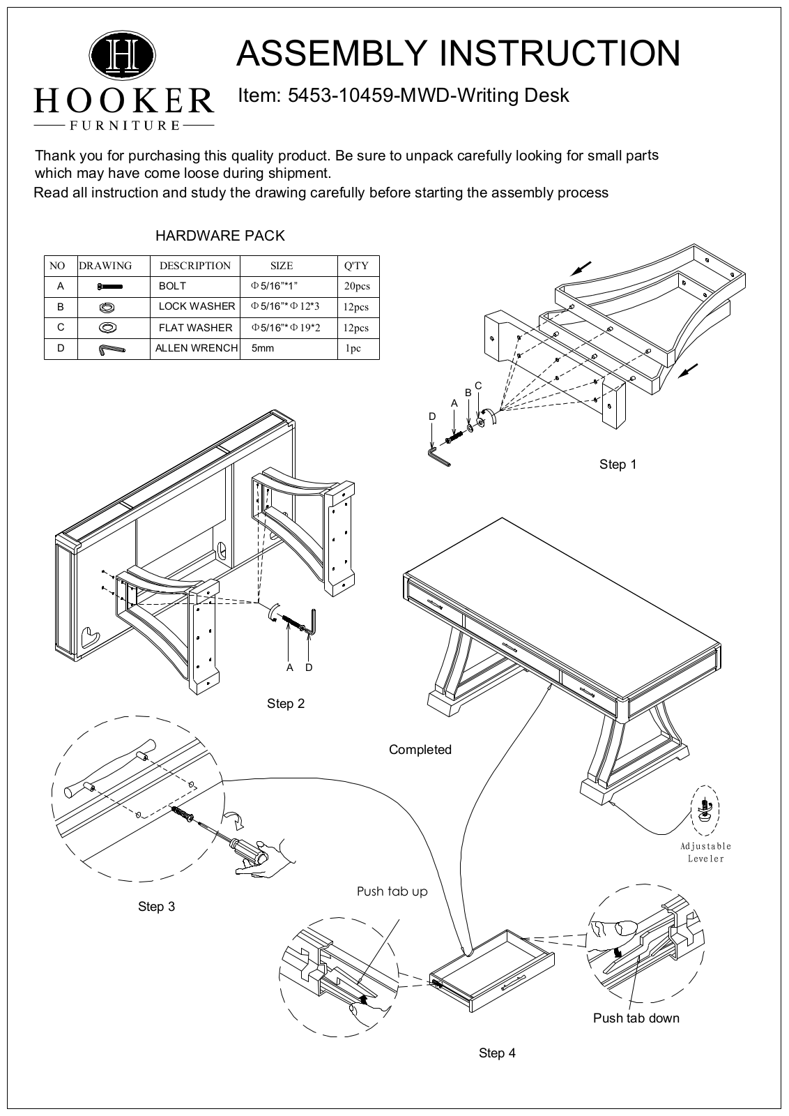 Hooker Furniture 545310459MWD Assembly Guide