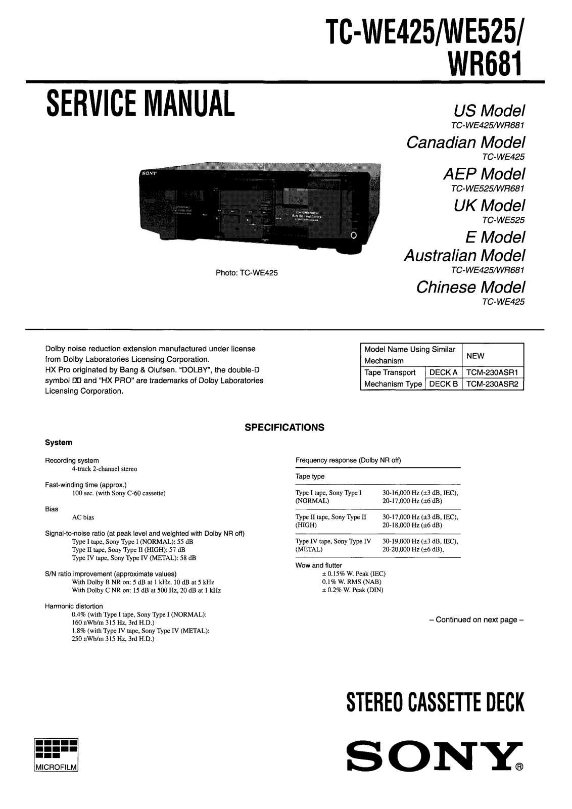 Sony TCWE-525 Service manual