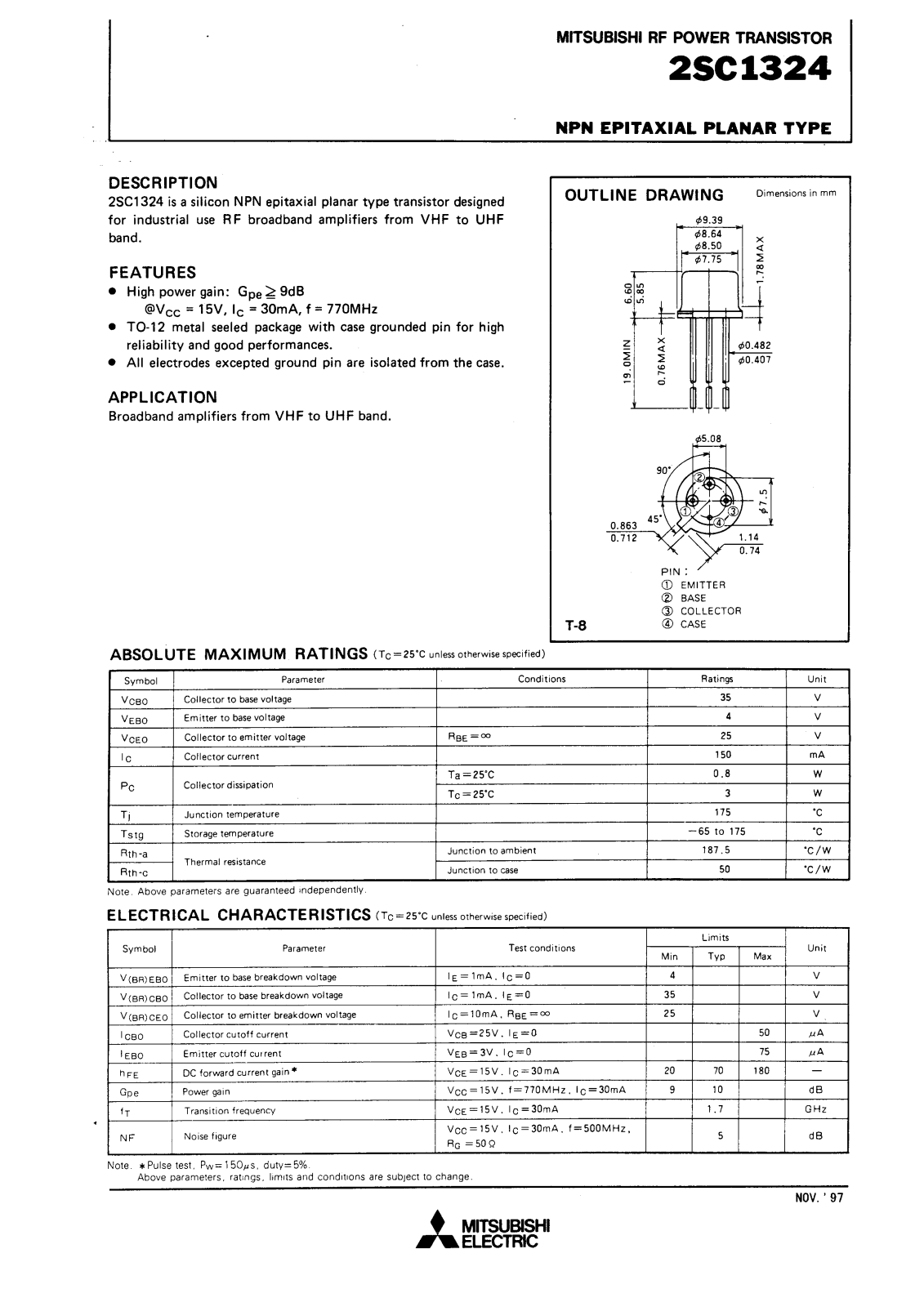 Mitsubishi Electric Corporation Semiconductor Group 2SC1324 Datasheet