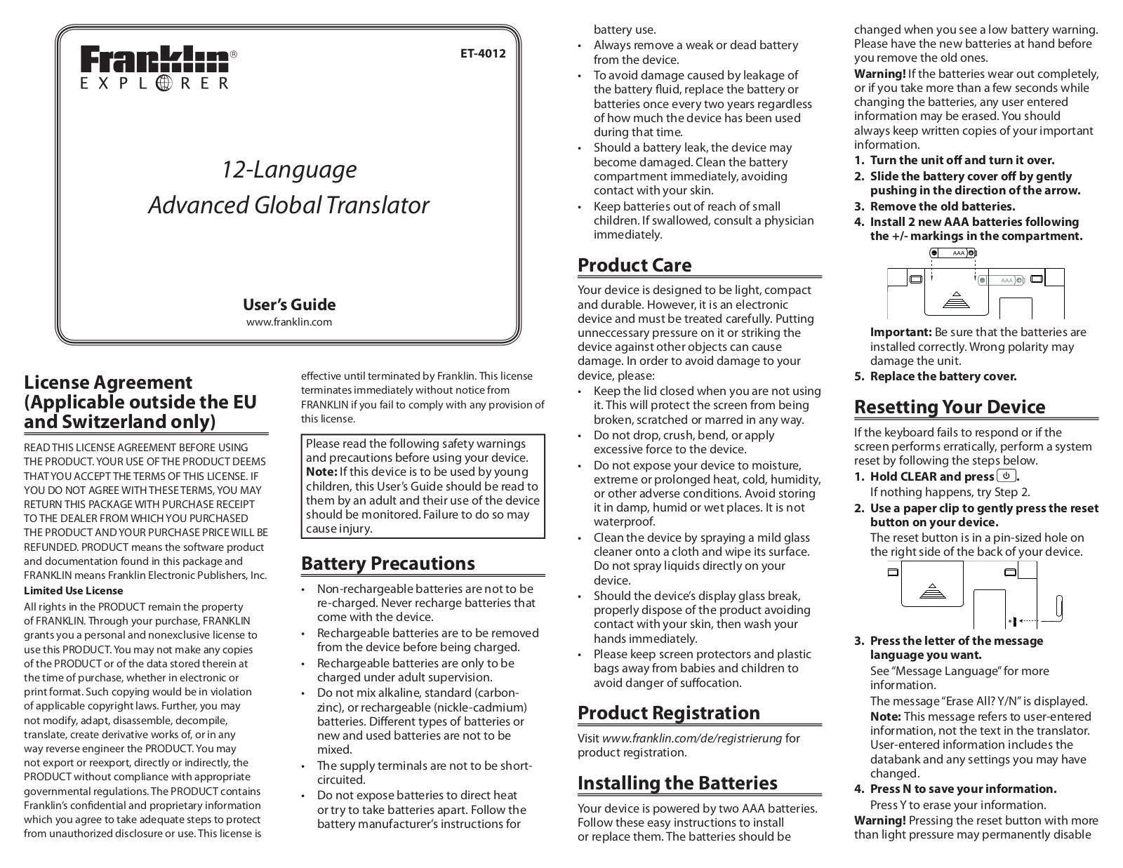 Franklin 12-Language Advanced Global Translator, ET-4012 User Manual