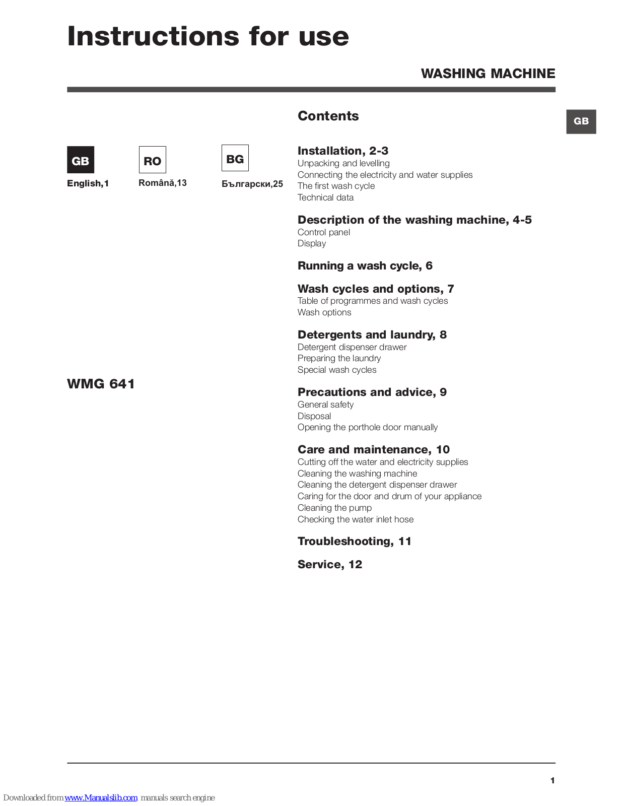 Hotpoint Ariston WMG 641 Instructions For Use Manual