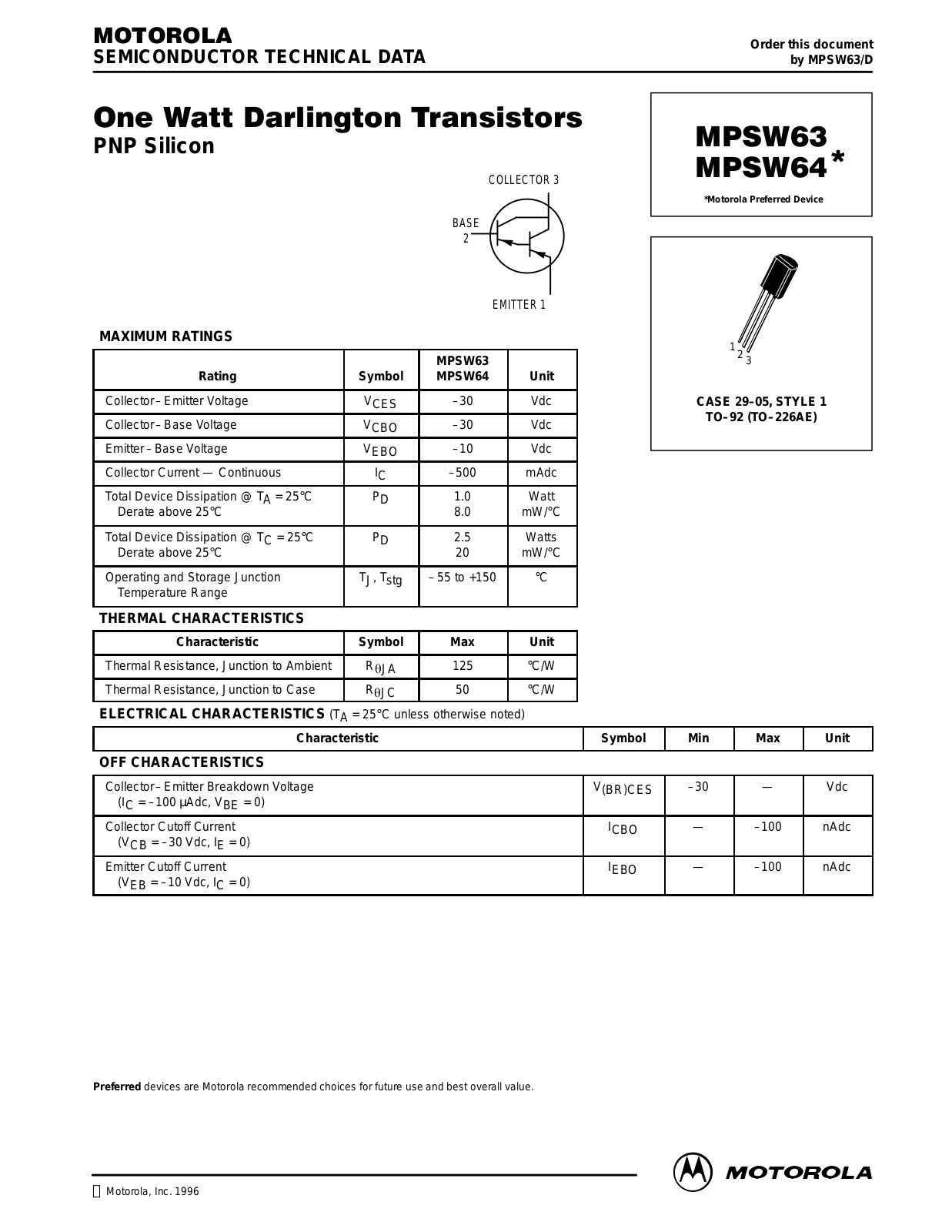 Motorola MPSW64 Datasheet