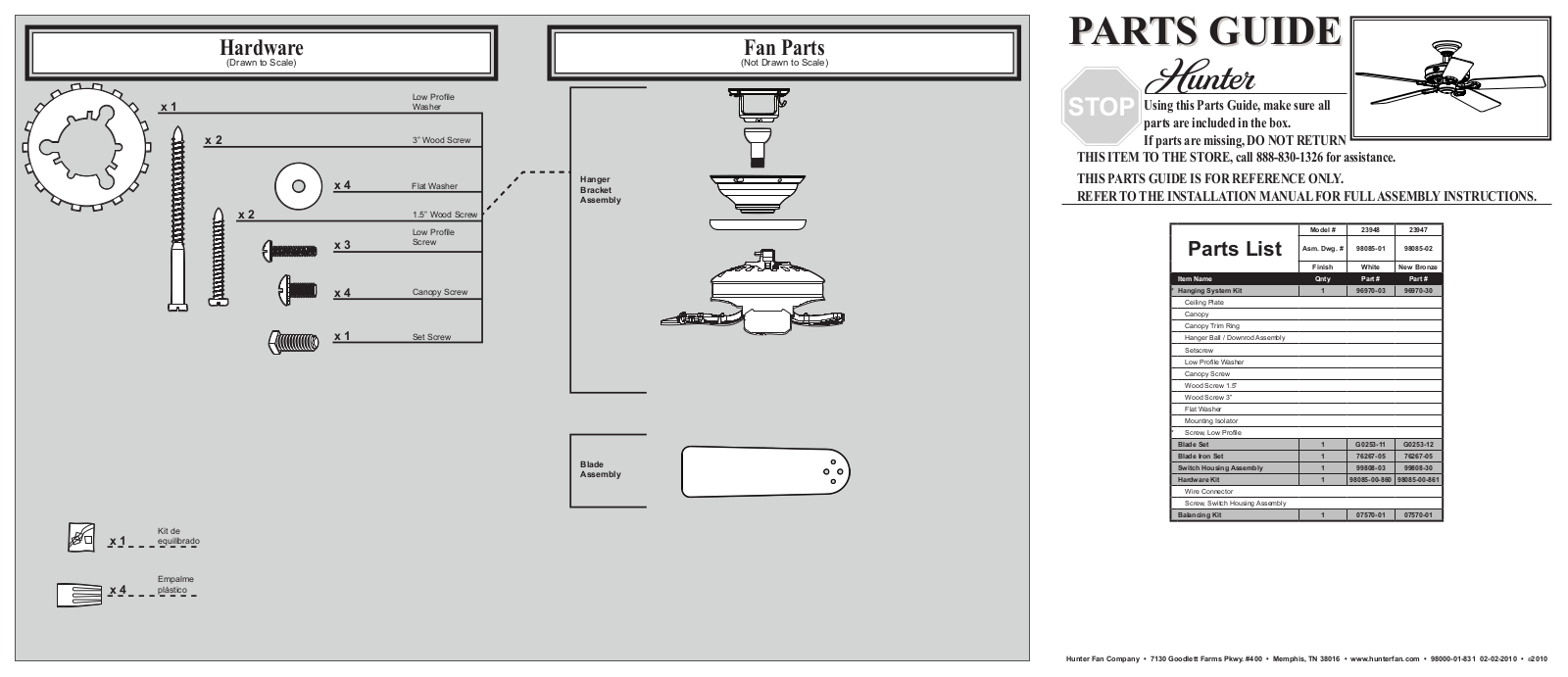 Hunter 23948 Parts Guide