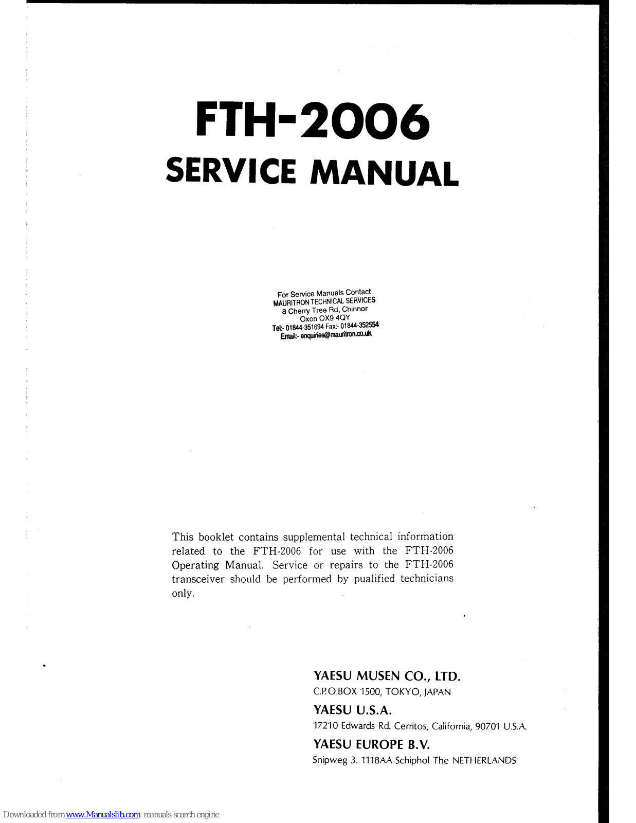 Yaesu FTH-2006 Service Manual