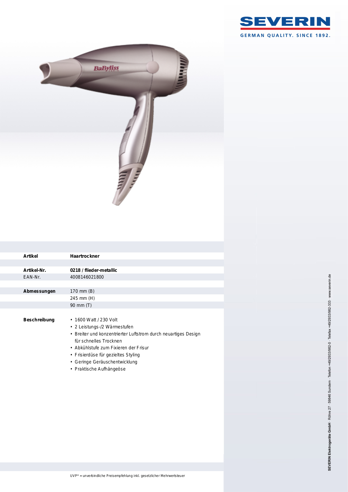 Severin 0218 DATASHEET