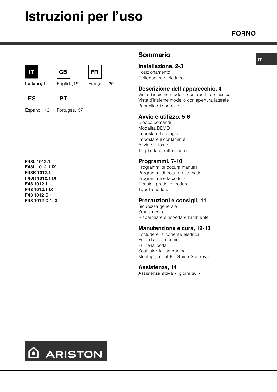 Hotpoint F48R 1012.1 IX, F48 1012.1 IX, F48 1012 C.1 IX User Manual