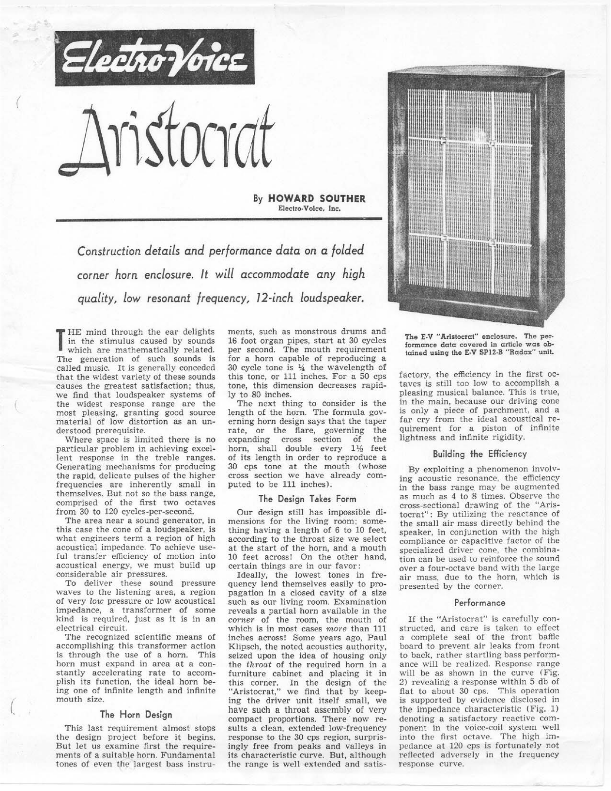 Electro-voice ARISTOCRAT I, ARISTOCRAT III, ARISTOCRAT II DATASHEET