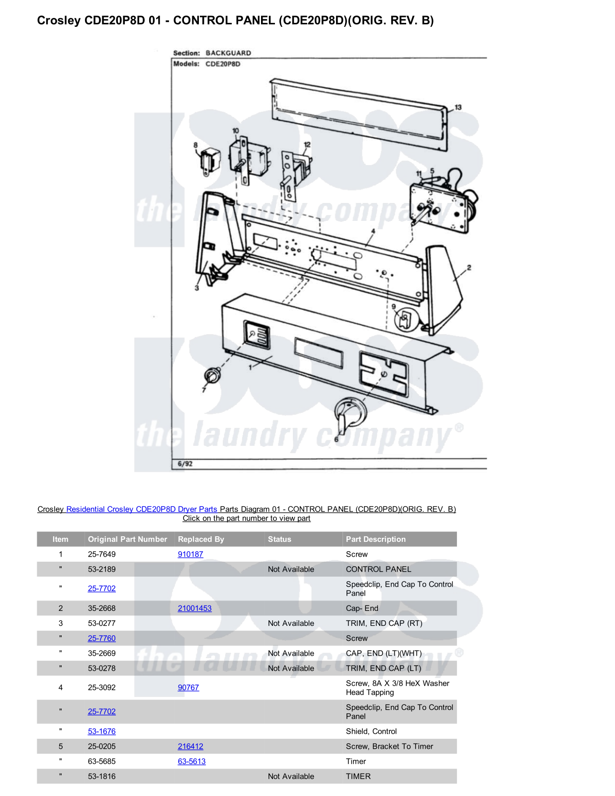 Crosley CDE20P8D Parts Diagram