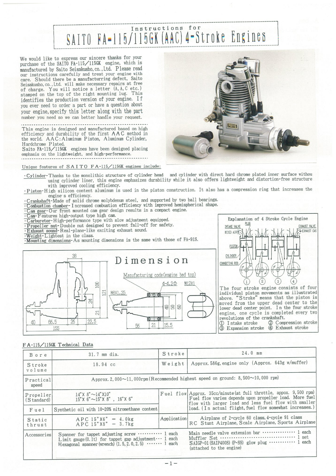 Saito FA-115GK, FA-115 User Manual