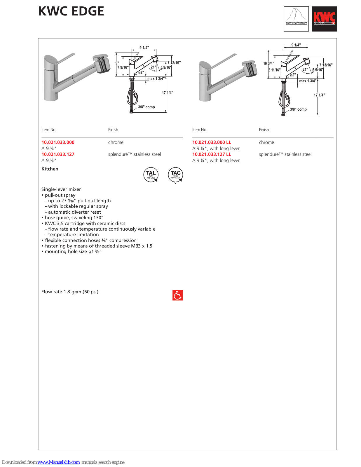 KWC EDGE 10.021.033, EDGE 10.021.033.000, EDGE 10.021.033.127, EDGE 10.021.033.000 LL, EDGE 10.021.033.127 LL Specification Sheet