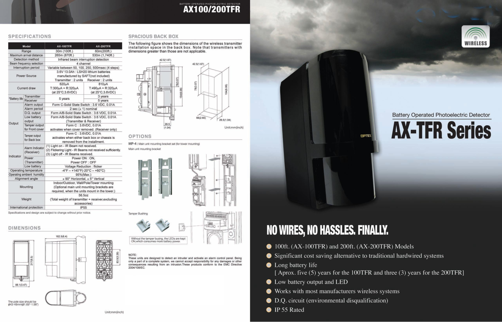 Optex AX-100TFR, AX-200TFR Specsheet