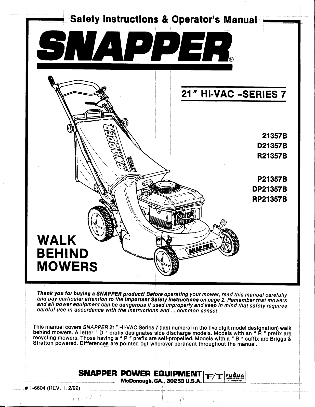 Snapper R21357B, RP21357B User Manual