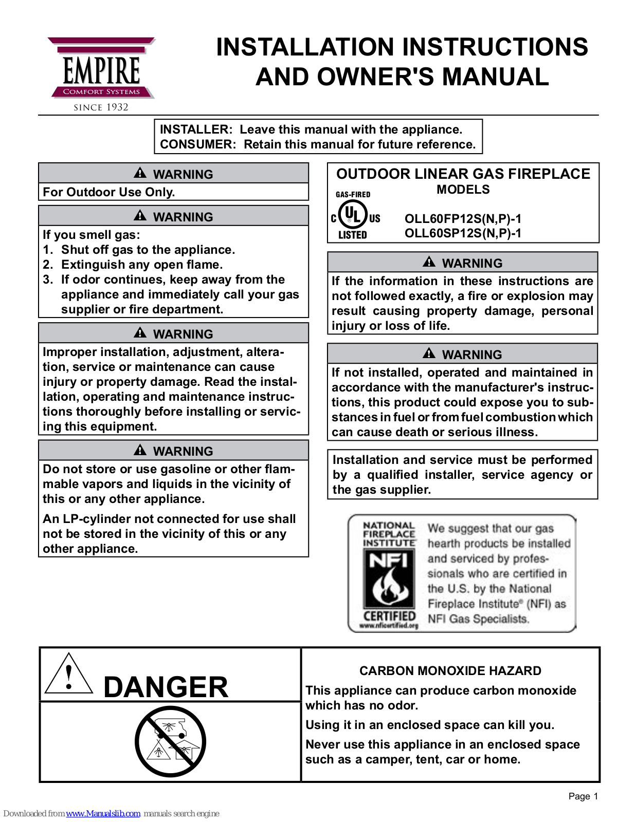 Empire Comfort Systems OLL60FP12SP-1, OLL60FP12SN-1, OLL60SP12SP-1, OLL60SP12SN-1 Installation Instructions And Owner's Manual