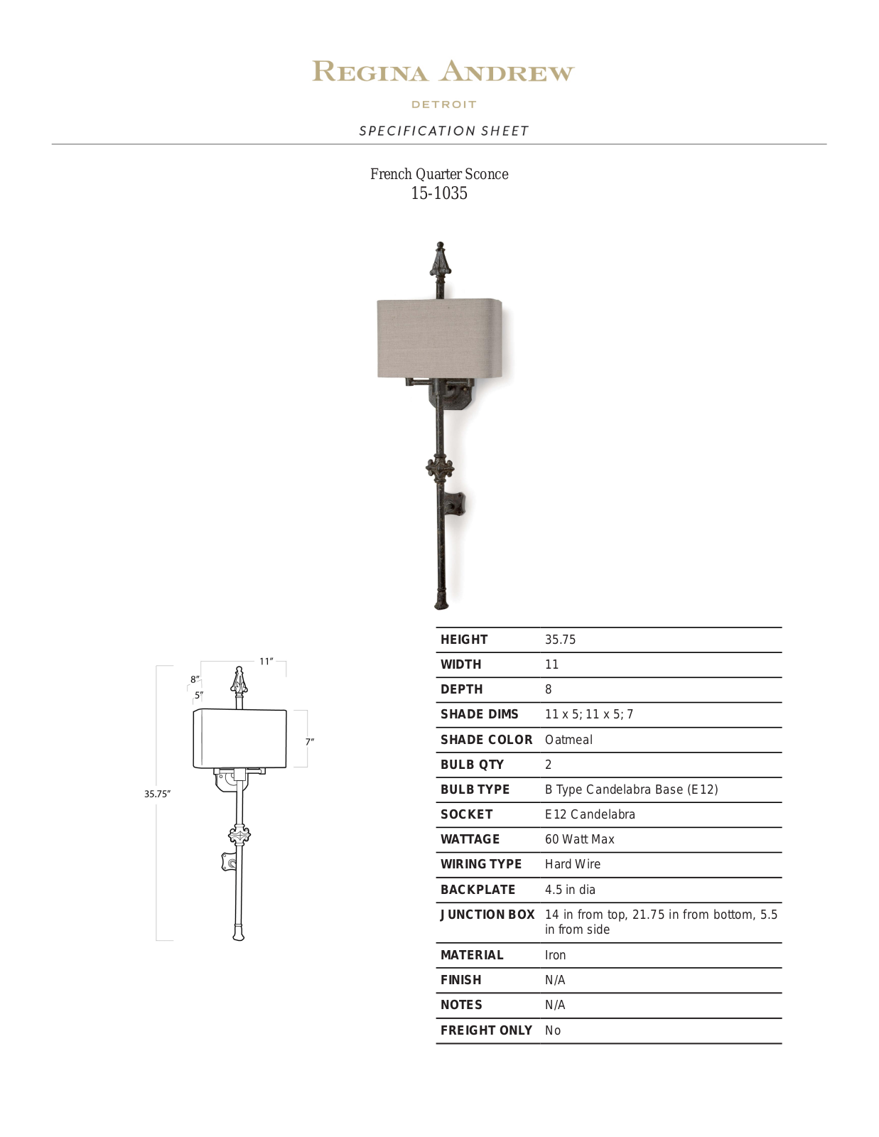 Regina Andrew FUY1289 Specifications