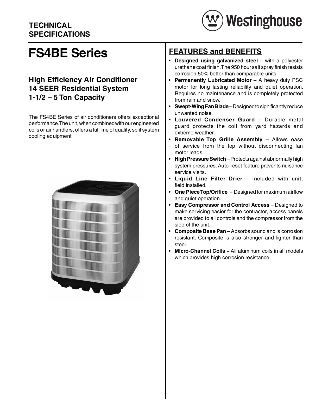 Westinghouse 14-15 SEER FS4BE Technical Literature