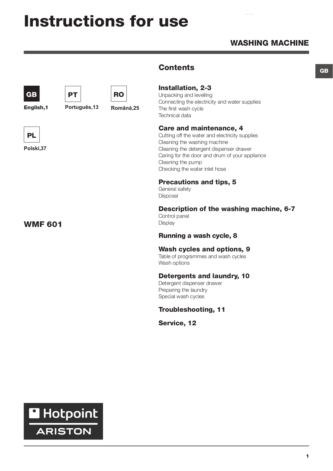 Hotpoint WMF 601 EU Operating Instructions