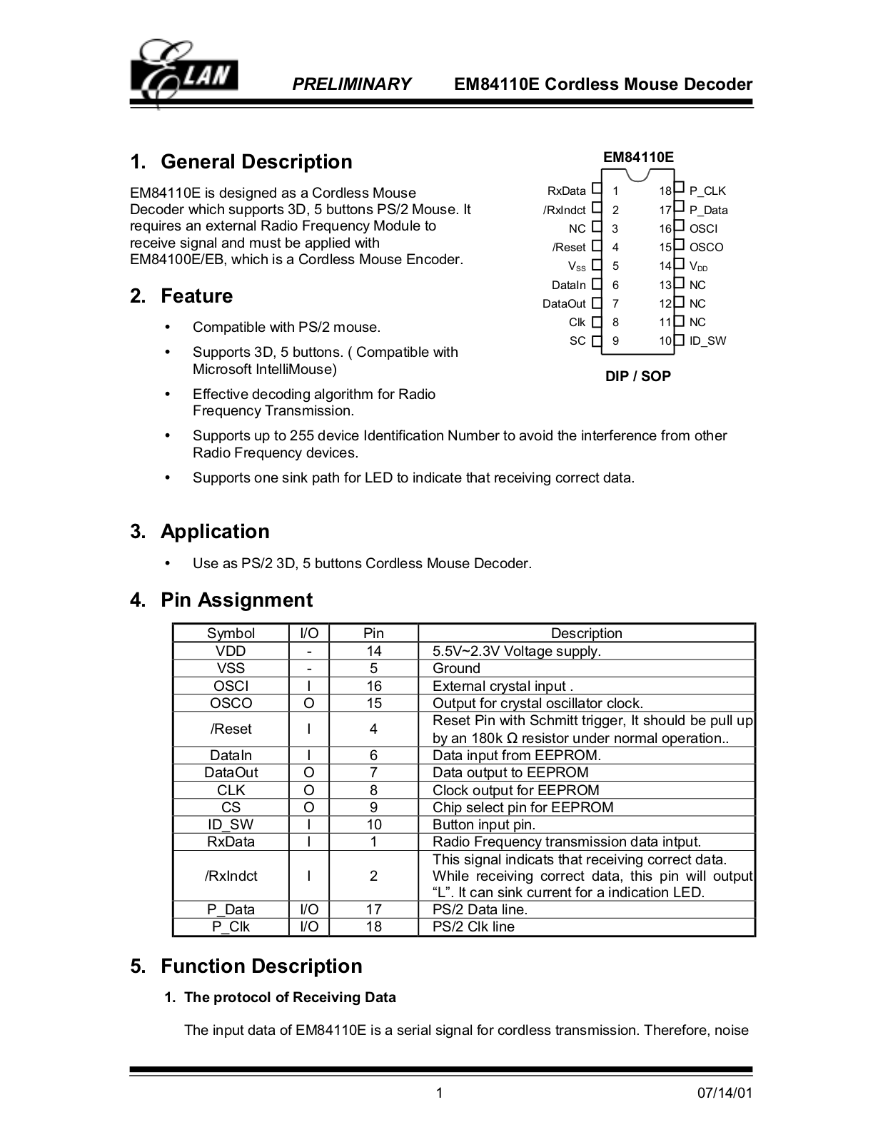 ELAN EM84110E Datasheet