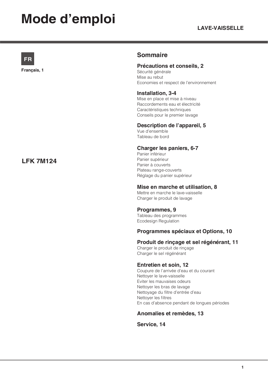 HOTPOINT LFK 7M124 FR, LFK 7M124 X FR, LFK7M124FR User Manual