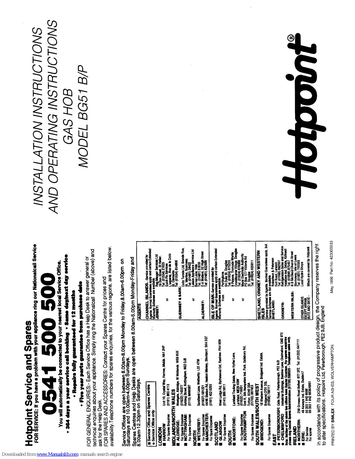 Hotpoint BG51 B/P, BG51 B, BG51 P Installation Instructions Manual