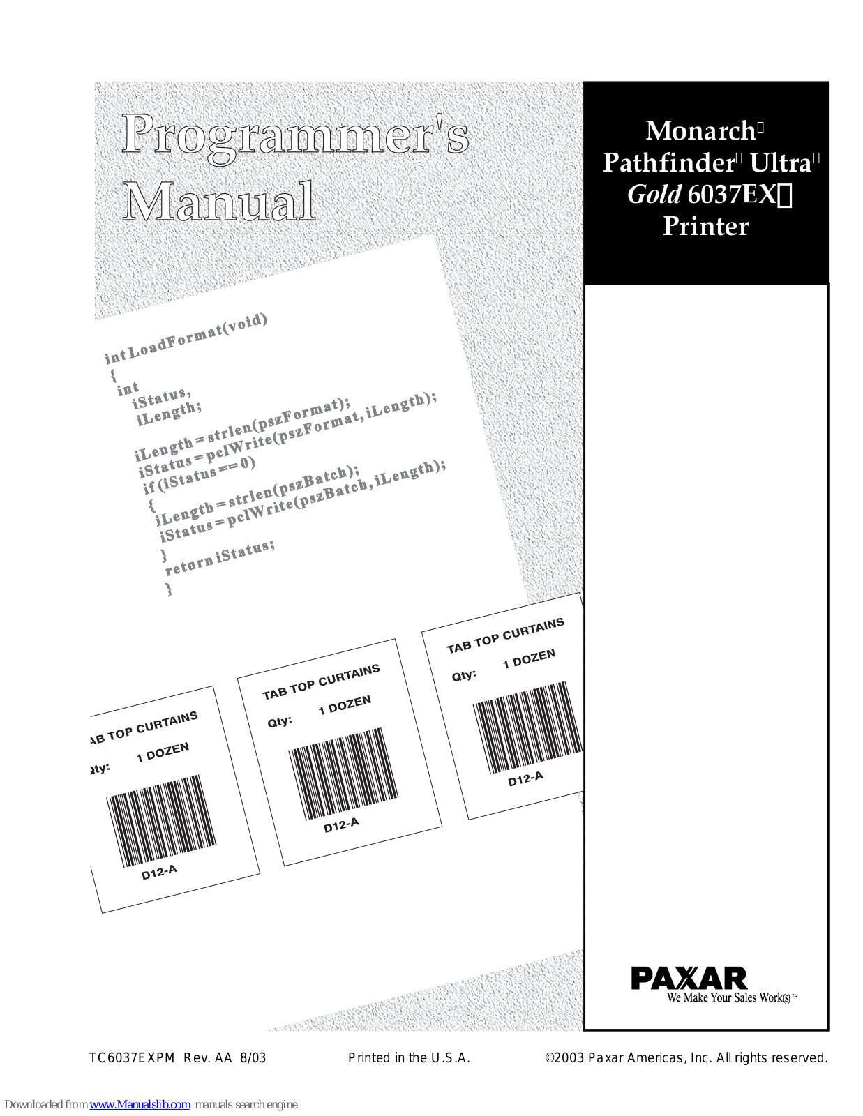 Paxar Gold 6037EX, Monarch Pathfinder Ultra Gold 6037EX Programmer's Manual