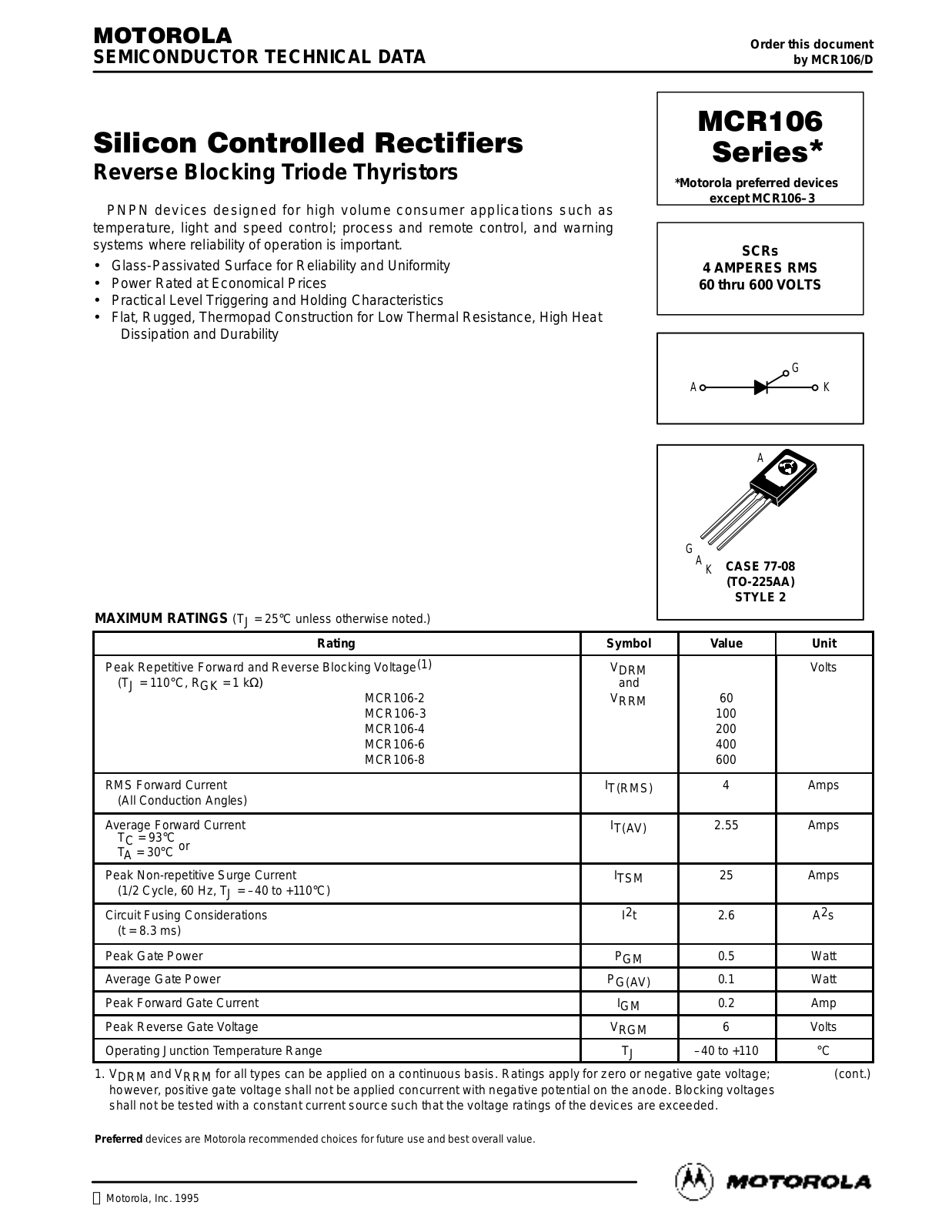 Motorola MCR106-3, MCR106-4, MCR106-6, MCR106-2, MCR106-8 Datasheet