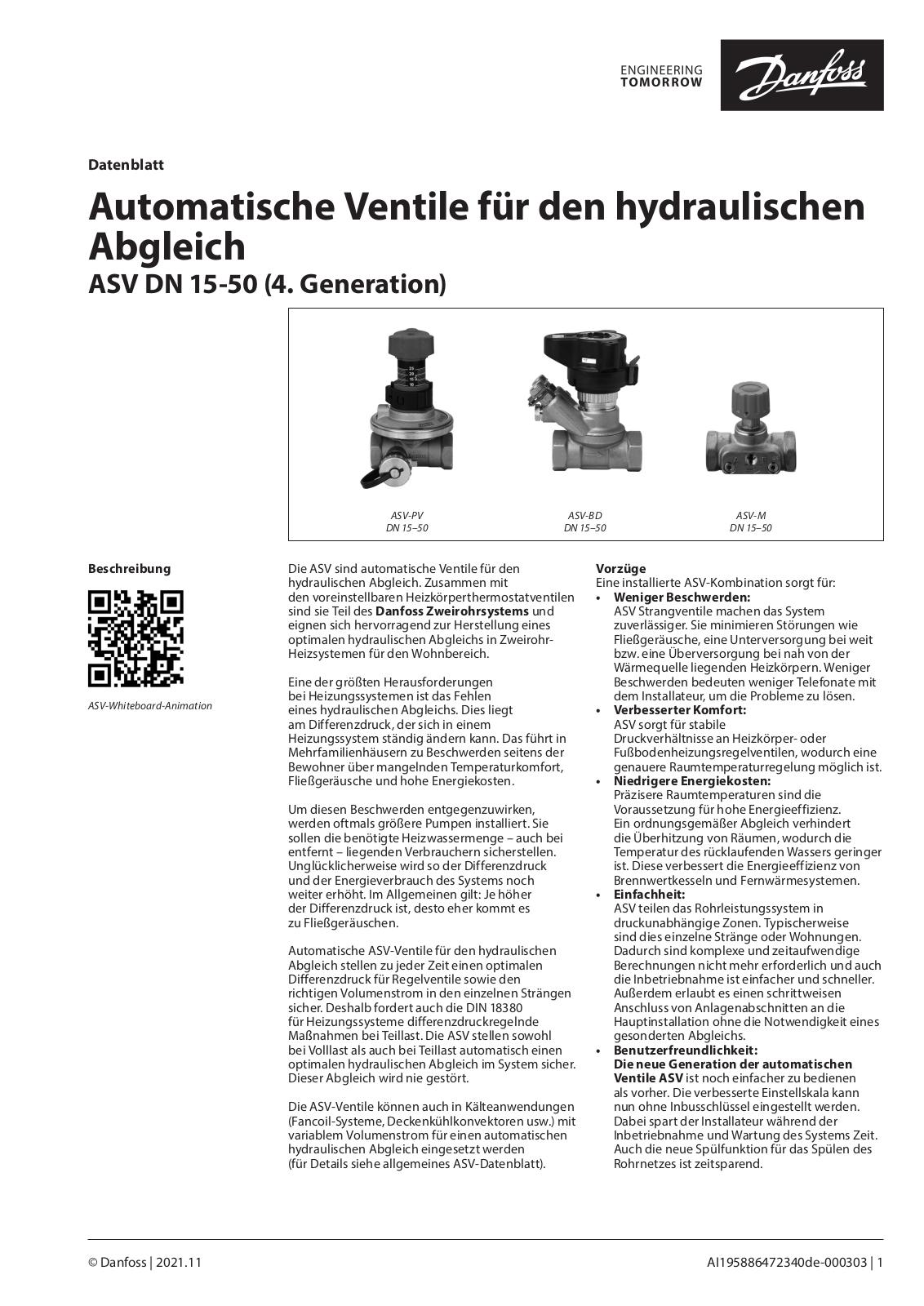 Danfoss ASV-PV DN 15–50, ASV-BD DN 15–50, ASV-M DN 15–50 Data sheet