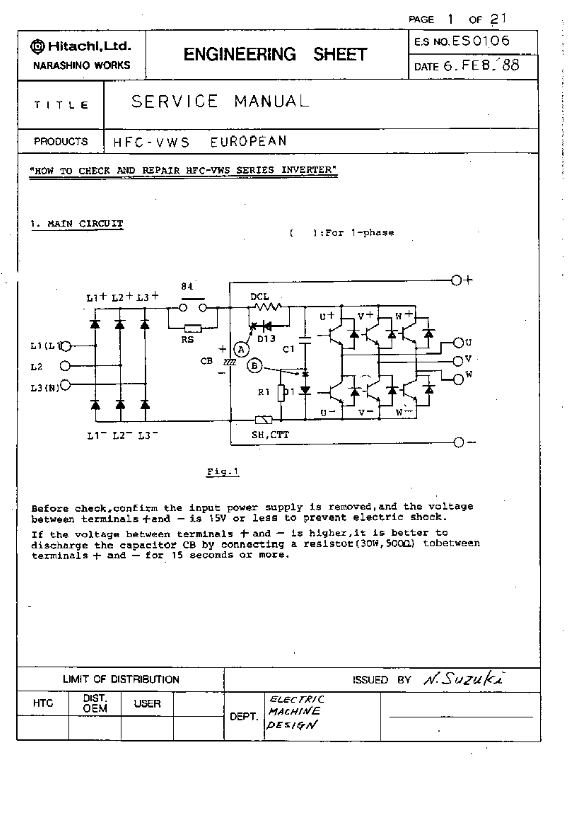 Hitachi HFC-VWS ENGINEERING SHEET