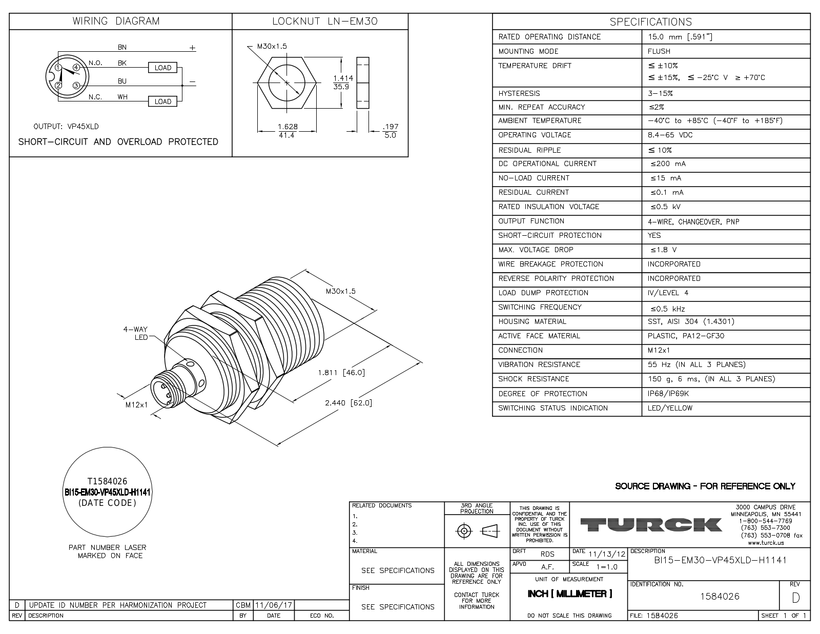 Turck BI15-EM30-VP45XLD-H1141 Data Sheet