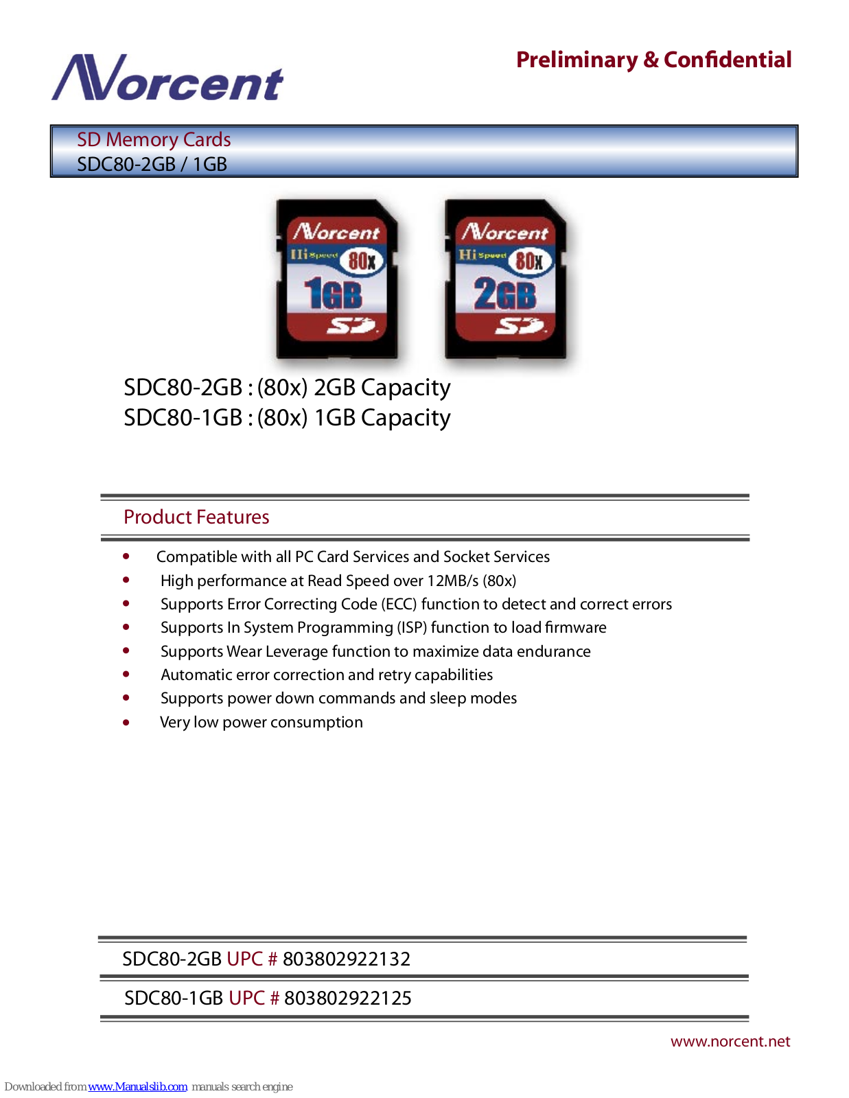 Norcent SD Memory Cards SDC80-2GB / 1GB, SDC80-2GB, SDC80-1GB Specification Sheet