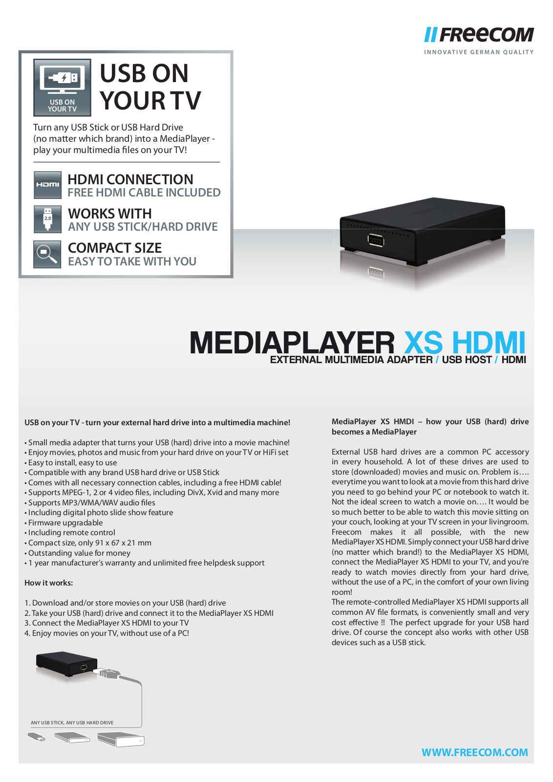 Freecom MEDIAPLAYER XS HDMI DATASHEET