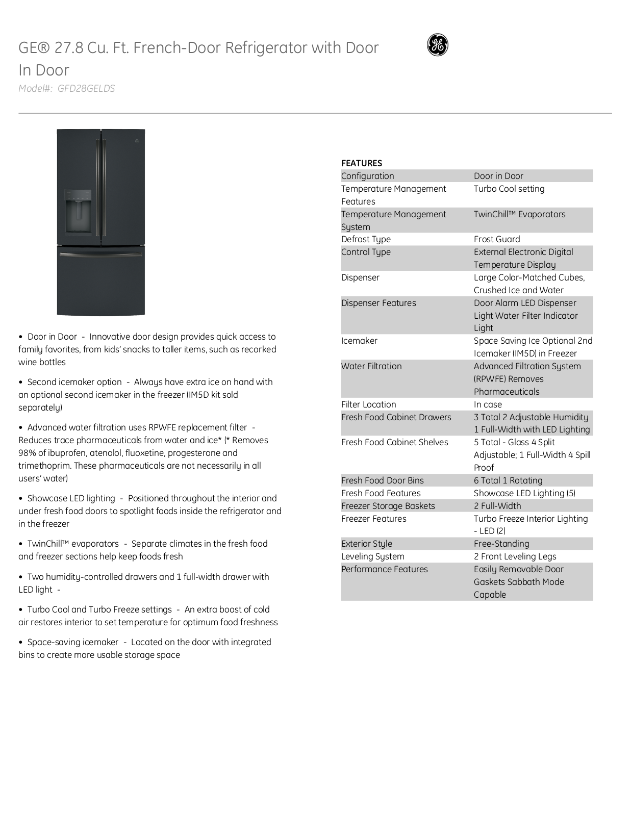 GE GFD28GYNFS Specs