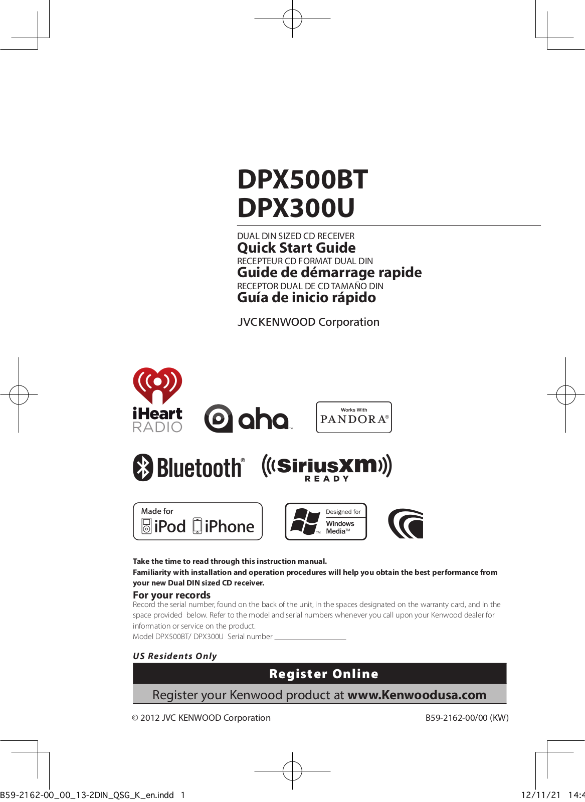 Kenwood DPX300U, DPX500BT User Manual