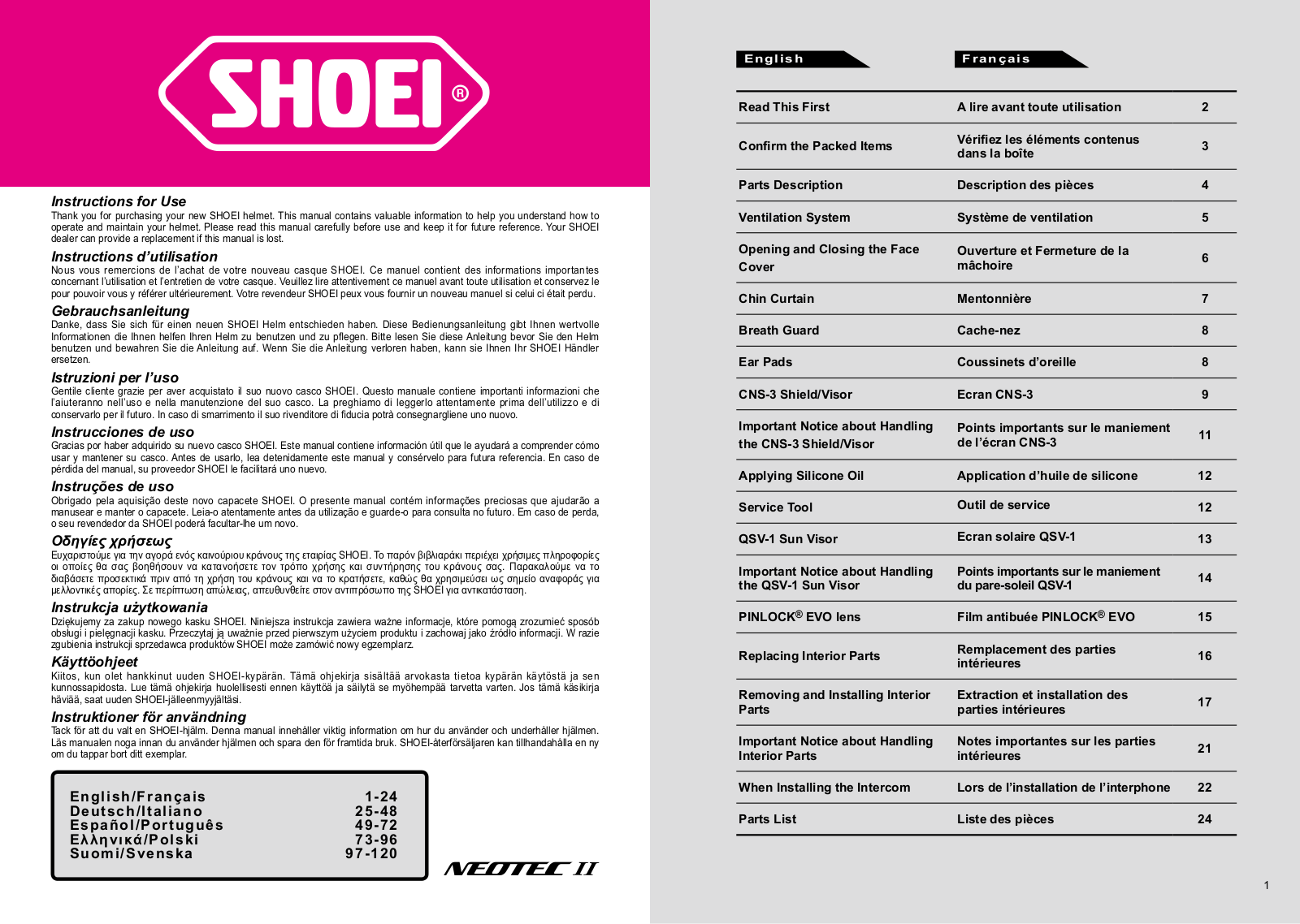 Shoei Neotec II User Guide