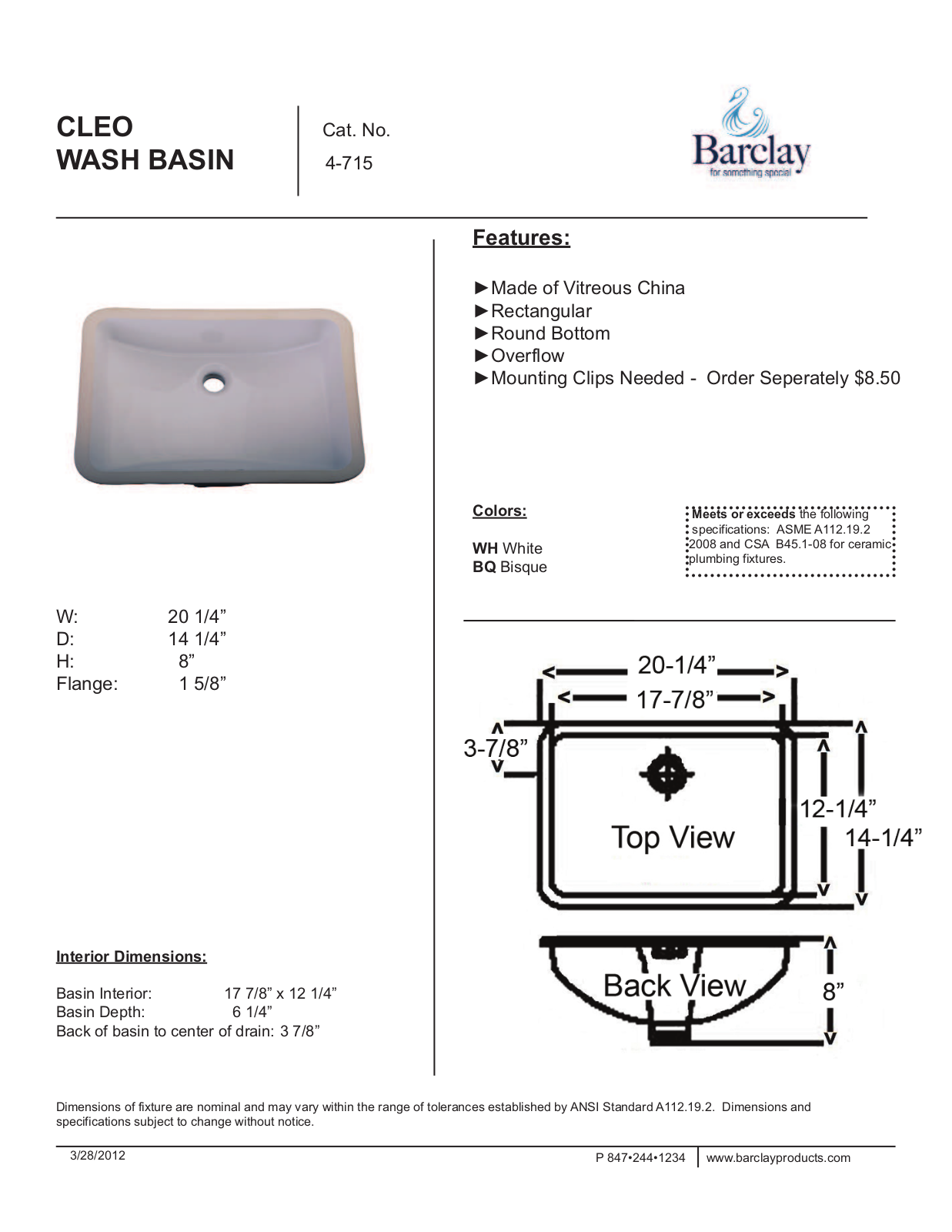 Barclay 4715WH Specifications