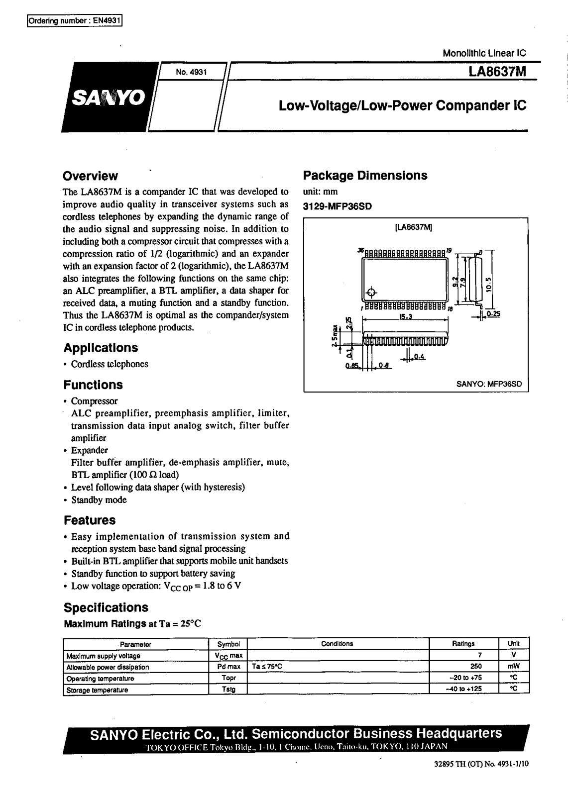 SANYO LA8637M Datasheet