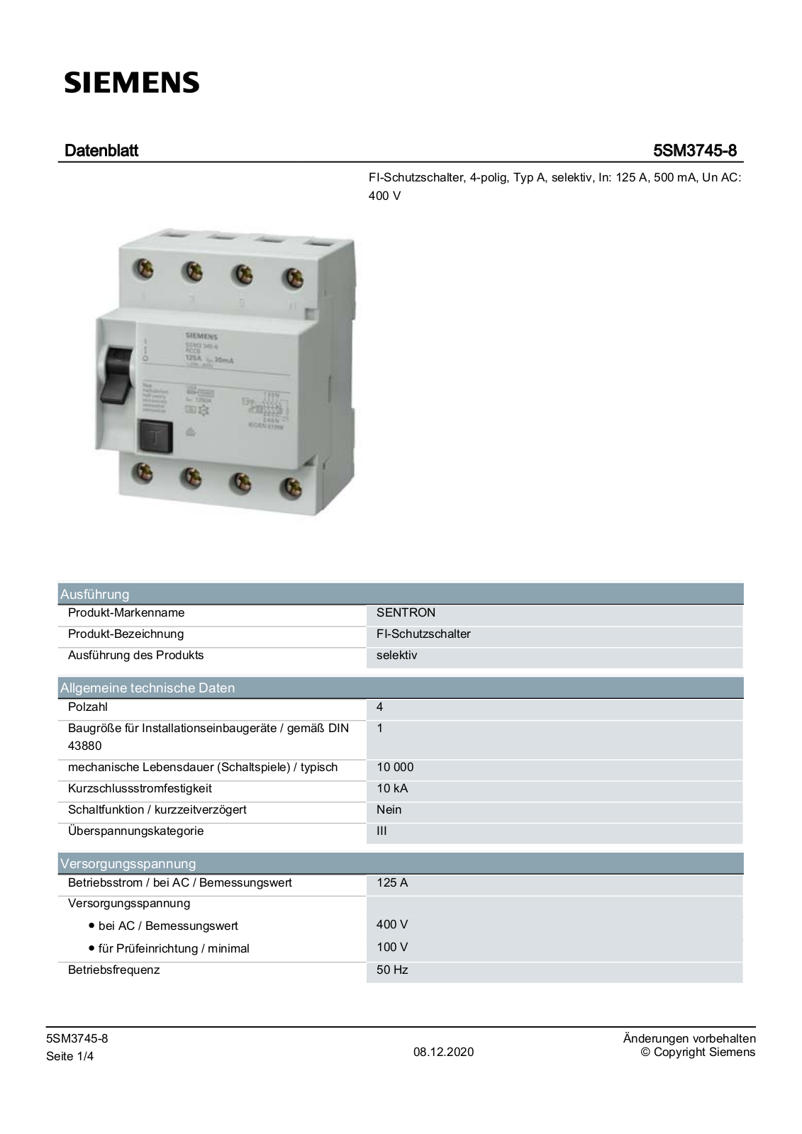 Siemens 5SM3745-8 Datenblatt