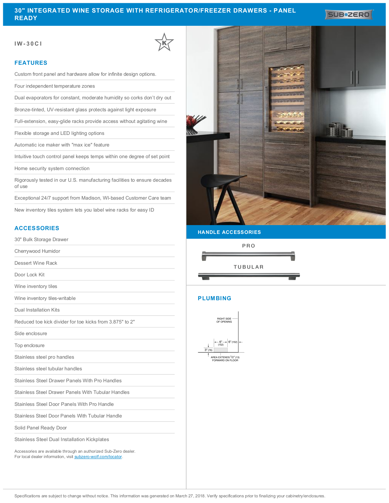 Sub-Zero IW30CIRH Specification Sheet