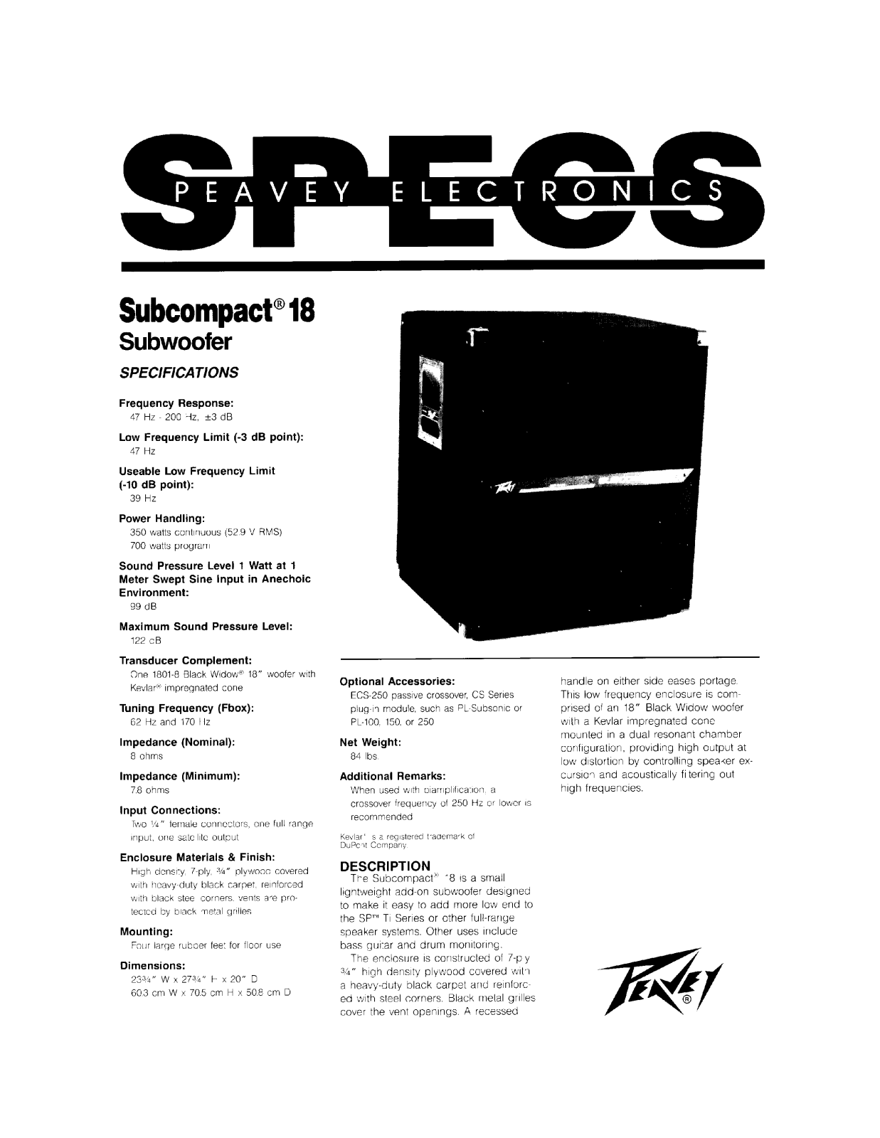 Peavey SUBCOMPACT 18 DATASHEET