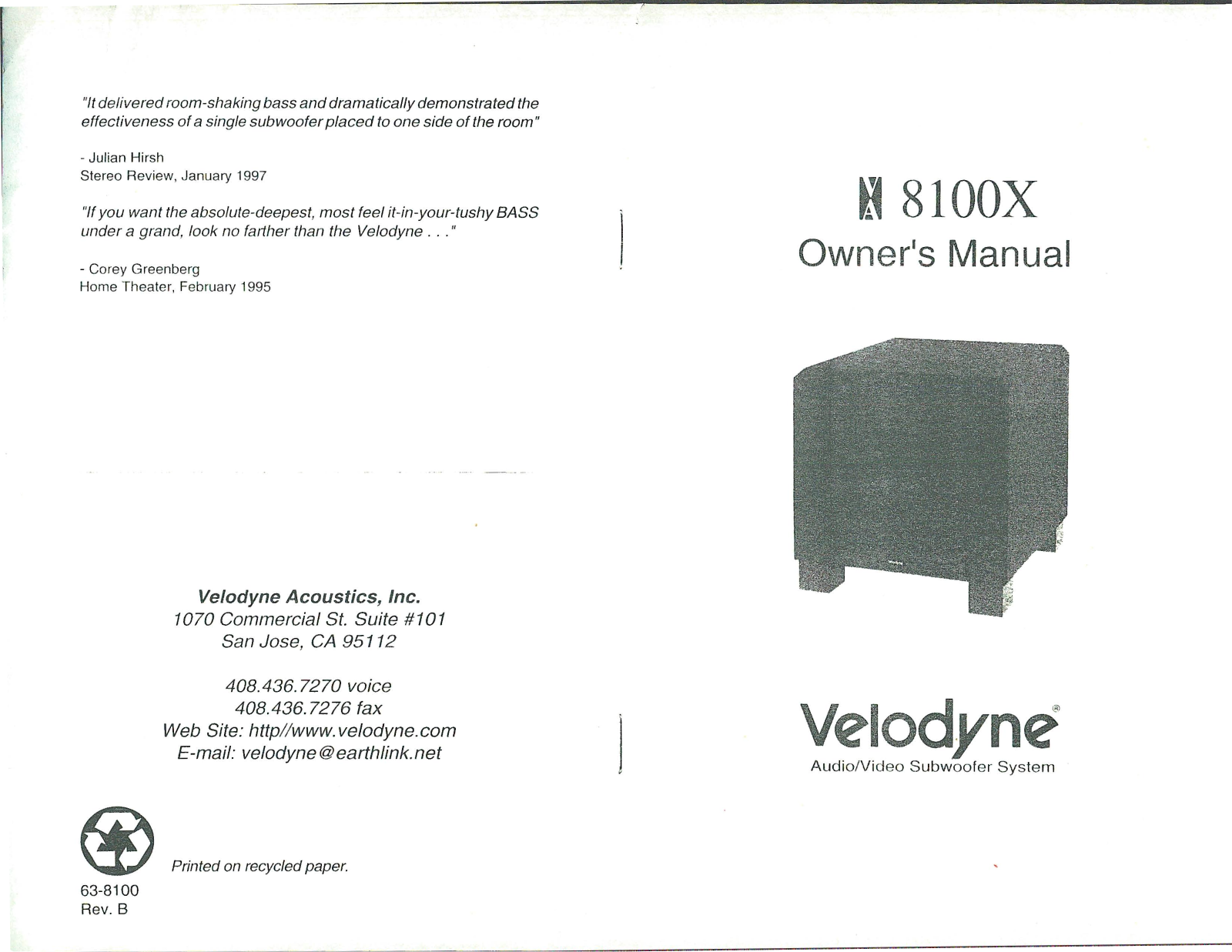 Velodyne Acoustics VA-8120-X Owners manual