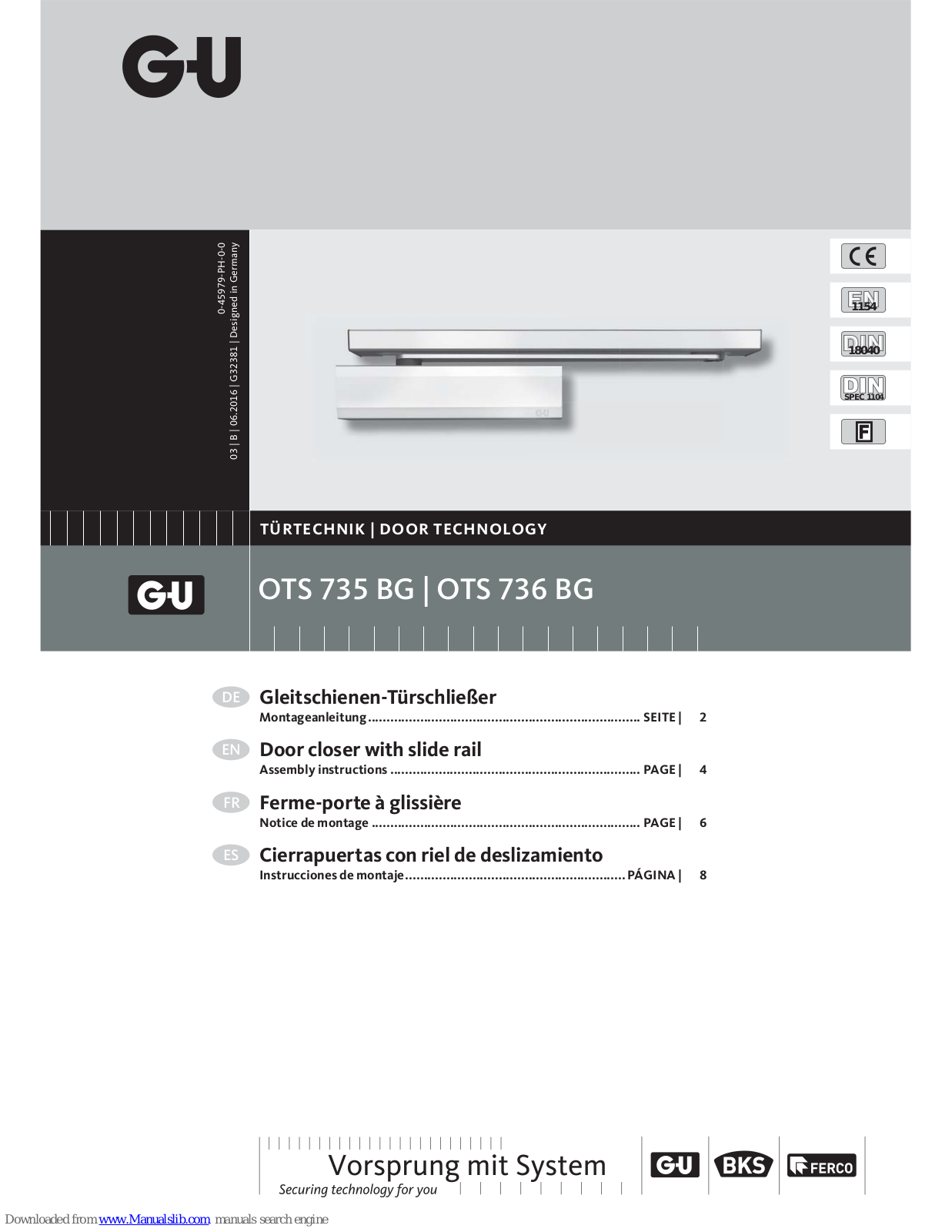 G-U OTS 735 BG, OTS 736 BG, OTS 733 BG, OTS 735, OTS 736 Assembly Instructions Manual