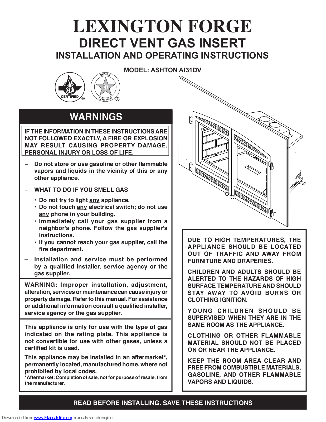 Lexington Forge Ashton AI31DV Installation And Operating Instructions Manual