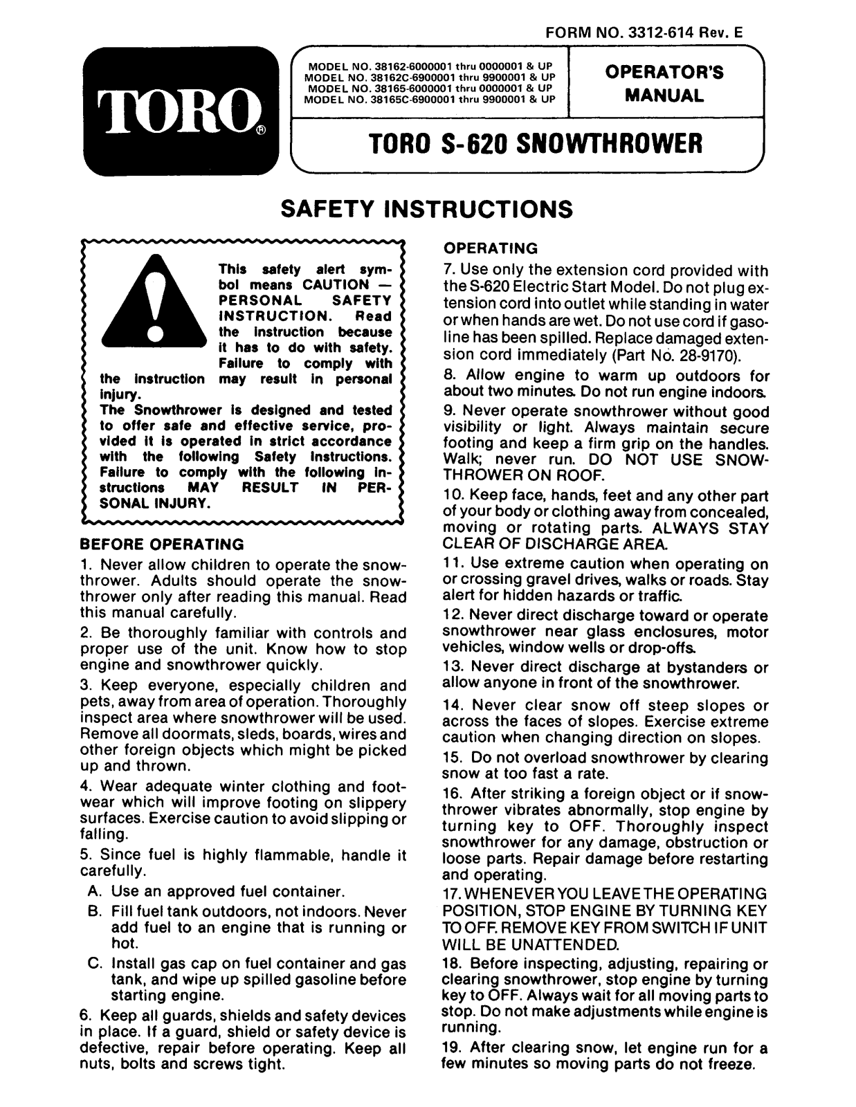 Toro 38162, 38165, 38162C, 38165C Operator's Manual