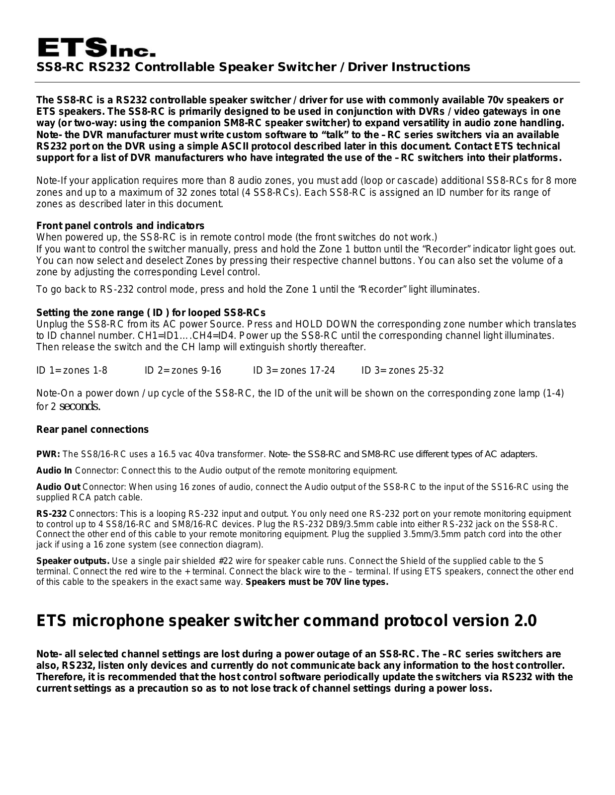 ETS SS8-RC User Manual