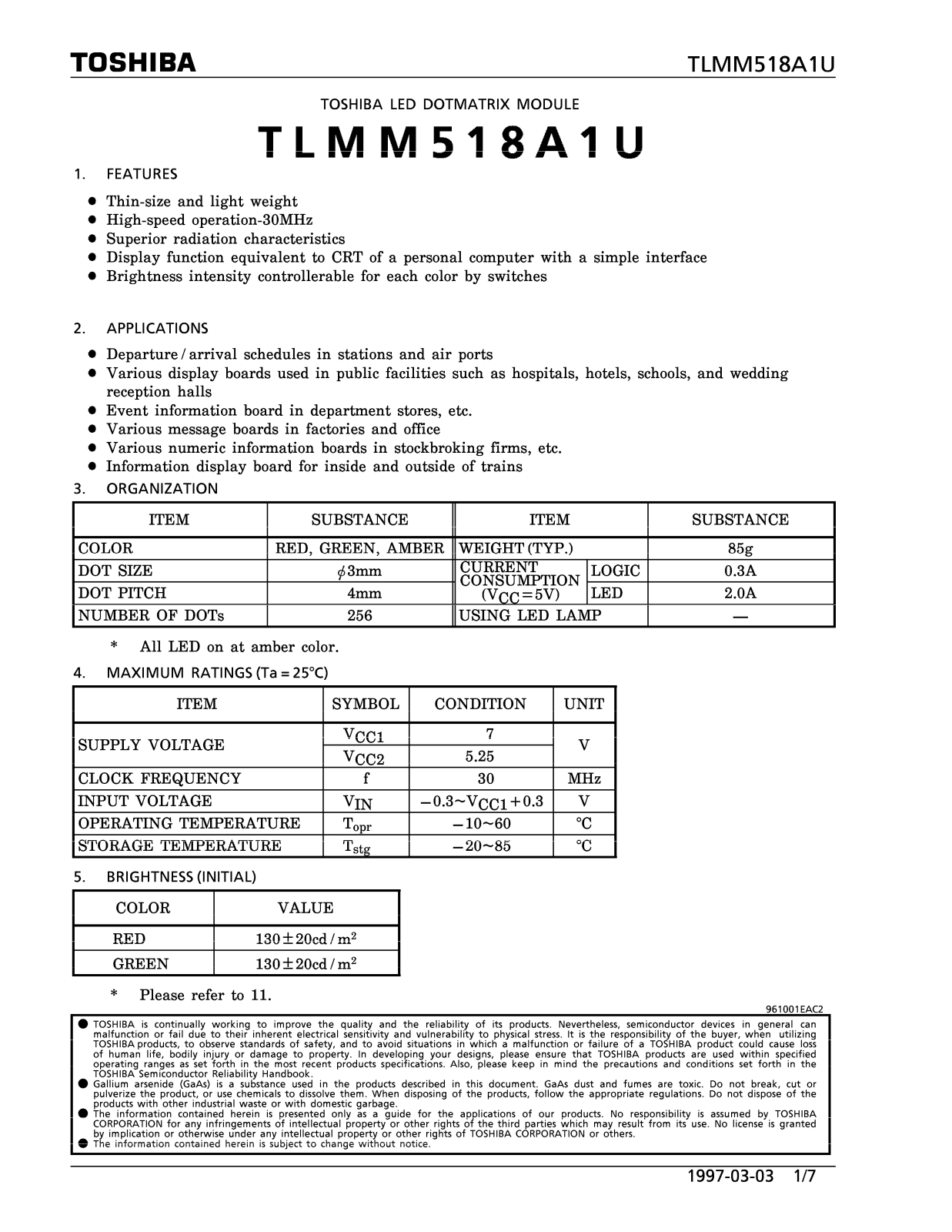 TOSHIBA TLMM518A1U Technical data