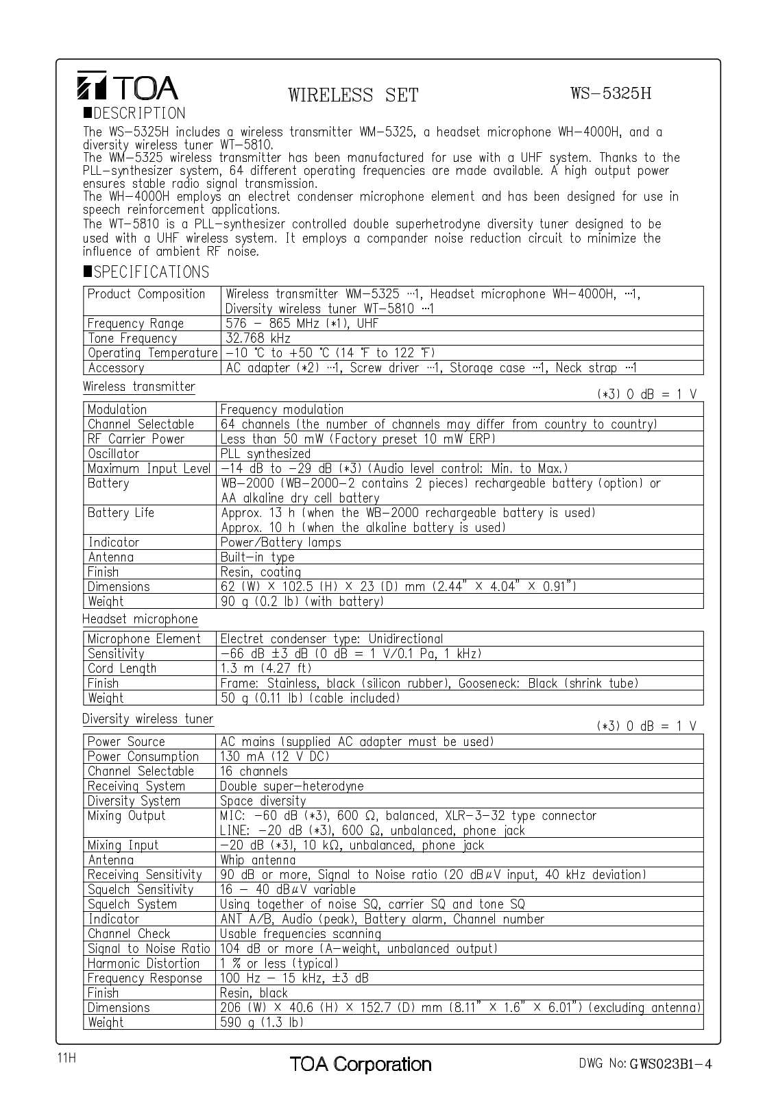 TOA WS-5325H-AM-RM1D00, WS-5325H-H01US, WS-5325H0AM-RM1D00 User Manual