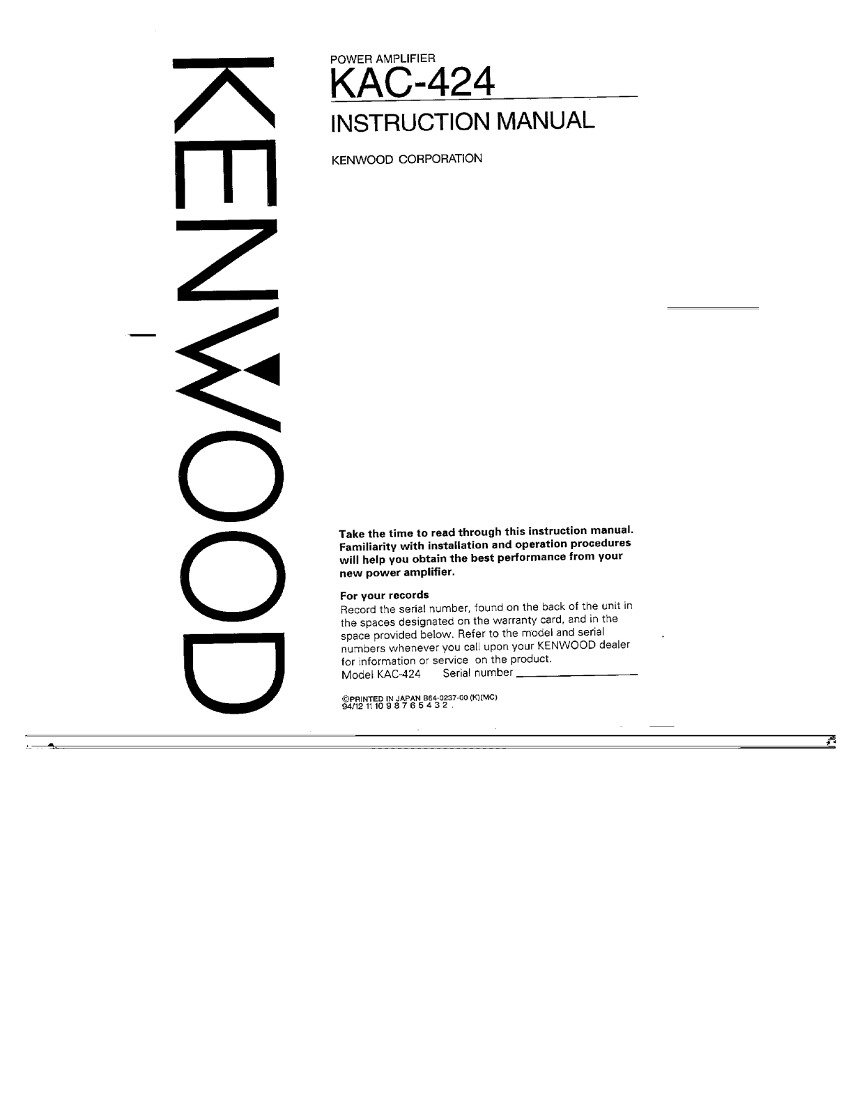 Kenwood KAC-424 Owner's Manual