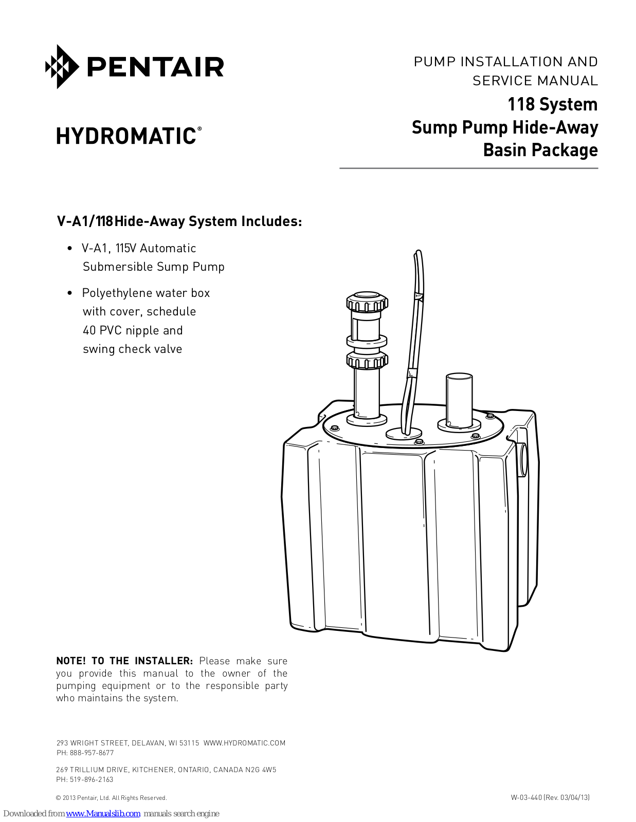 Pentair HYDROMATIC 118, V-A1/118 Installation And Service Manual