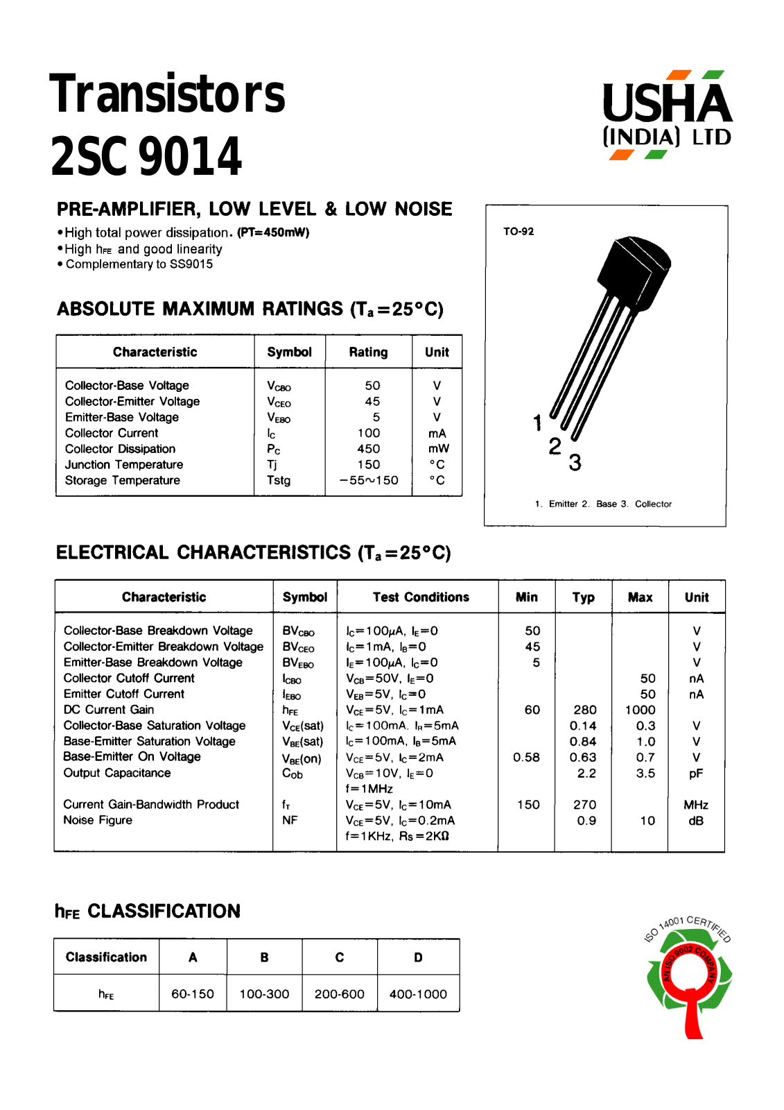 USHA 2SC9014 Datasheet